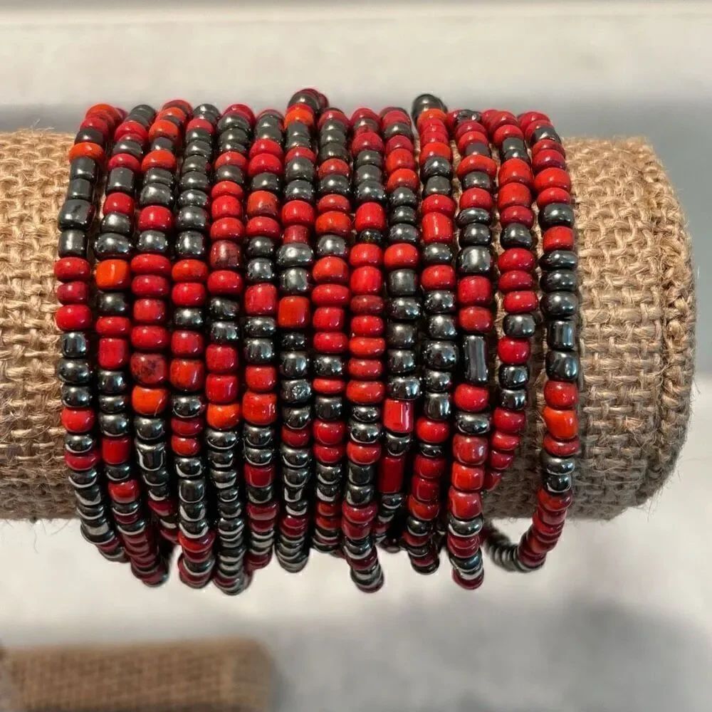 Vtg Anthropologie Multi-strand Chunky Wood Buckle Hematite Seed Beads Bracelet R